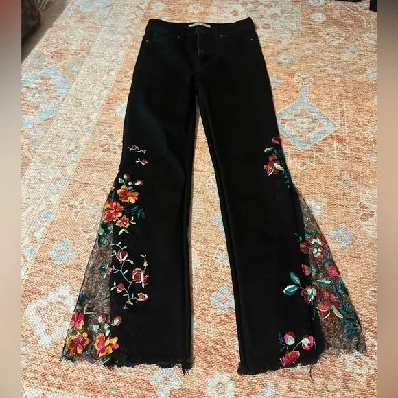 We the free Free People Night Shade High Rise Embroidered Flare Black Jeans 25 - Picture 5 of 9